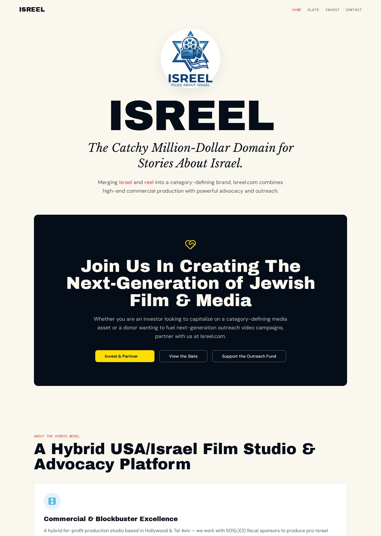 Isreel website homepage showing its cinematic video production brand