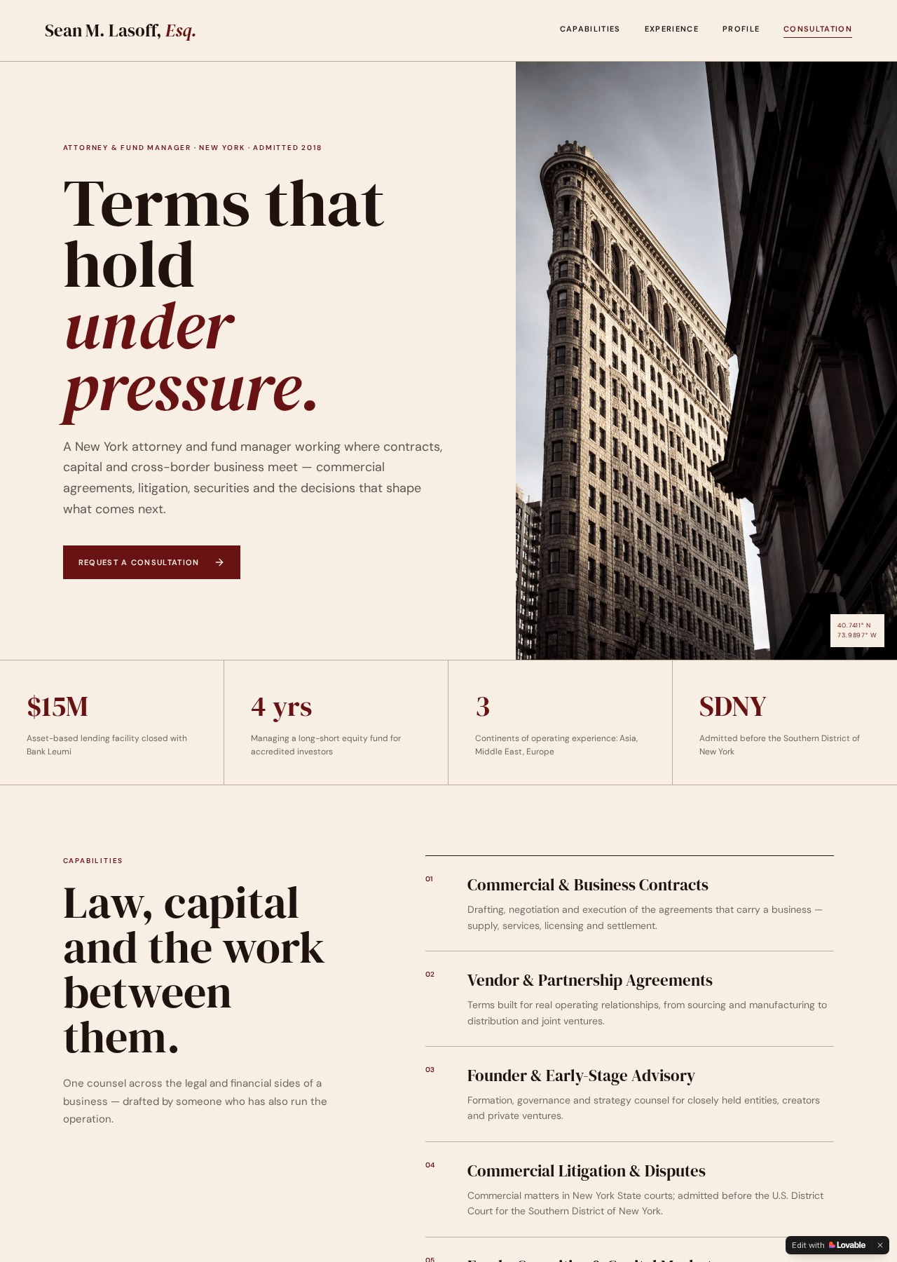 Sean M. Lasoff attorney website with the headline Terms that hold under pressure