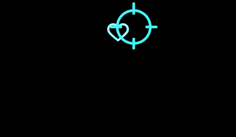 Animated Guerrilla Dating business card: a heart enters a turquoise crosshair before the brand and GuerrillaDating.com/Jesse appear