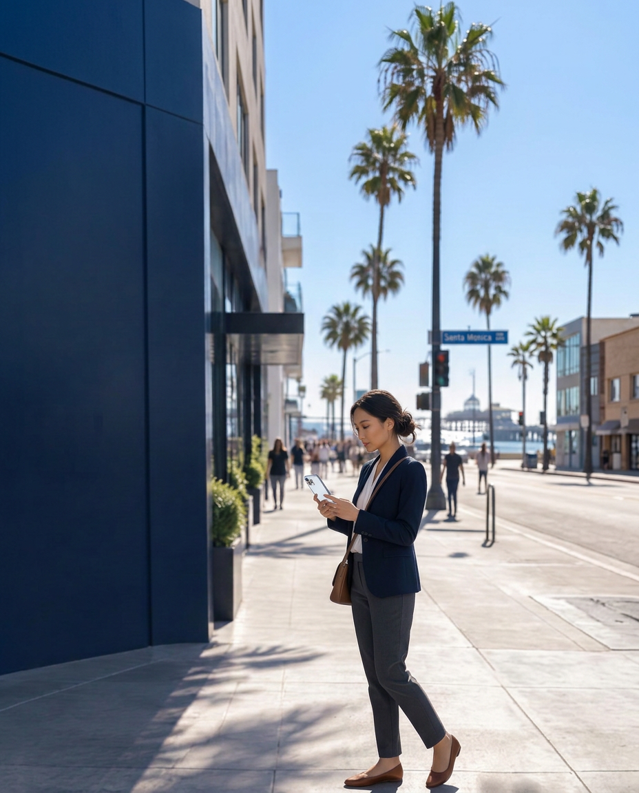 Professional viewing a mobile website while walking in Santa Monica