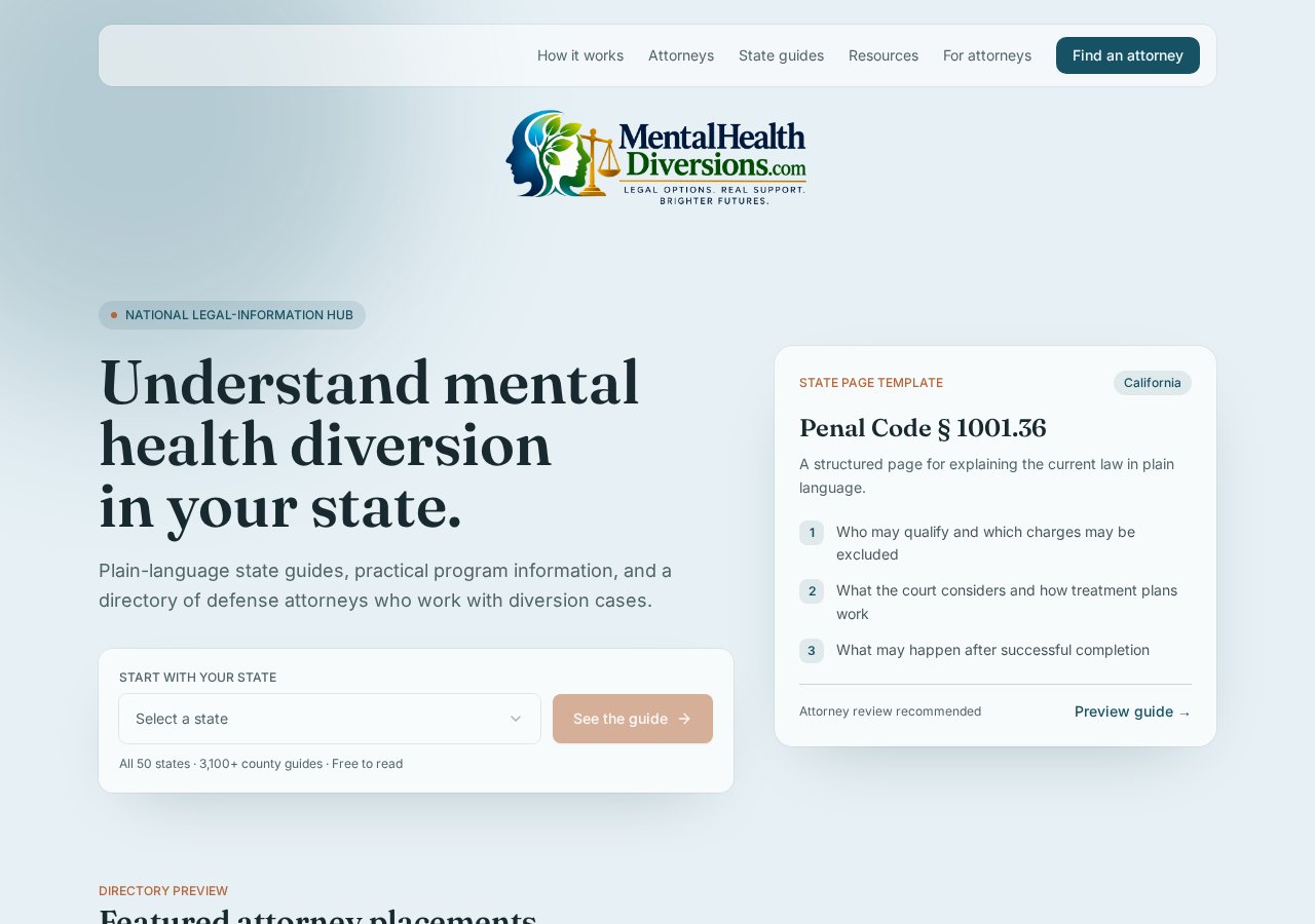 Mental Health Diversions homepage covering diversion laws and defense attorneys by state