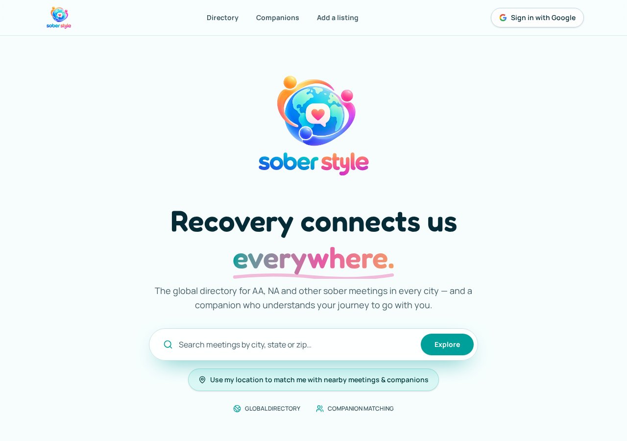 SoberStyle.org homepage for finding sober meetings and companions worldwide